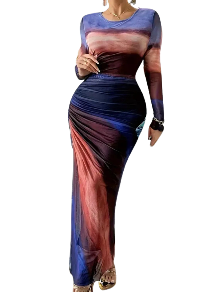 TESSIE™ - Women's All-Over Print Ruched Bodycon Dress Long Sleeve Round Neck Dress for Party