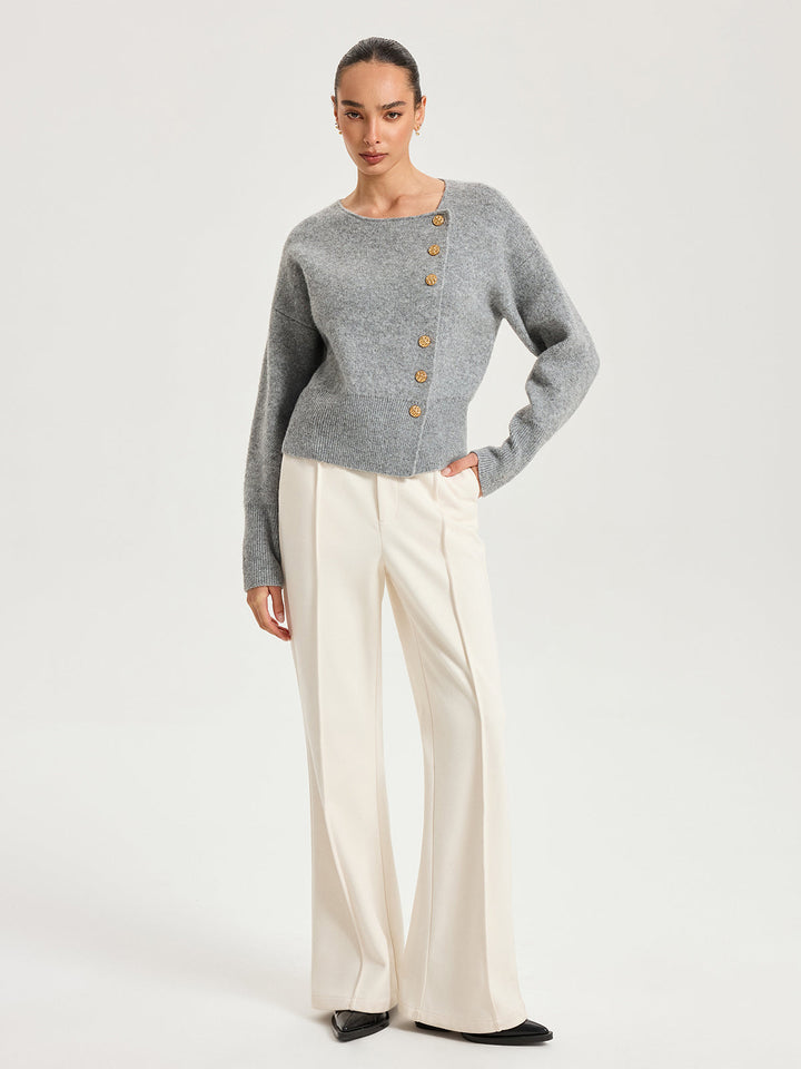 Asymmetric Metal Button Wool-Blend Cardigan