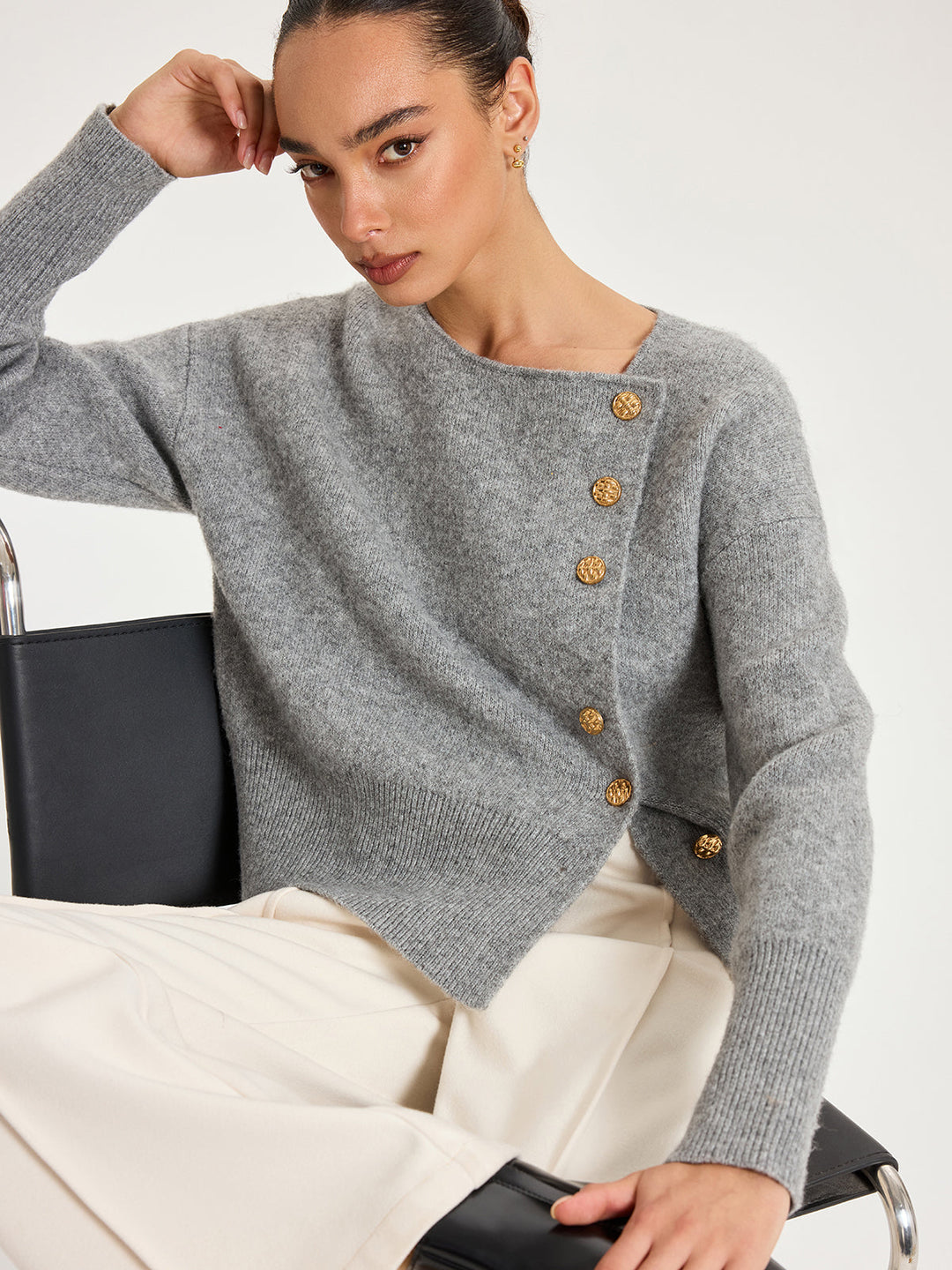 Asymmetric Metal Button Wool-Blend Cardigan