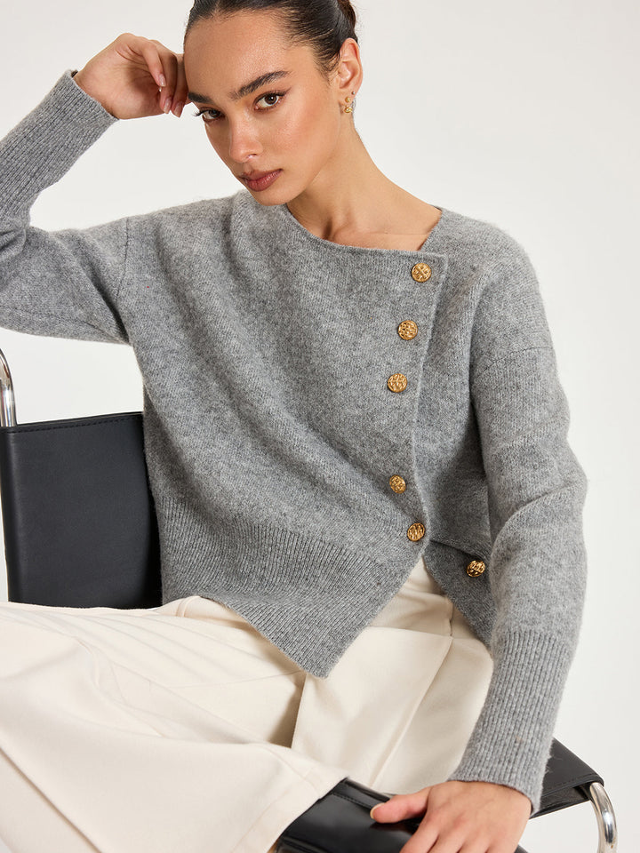 Asymmetric Metal Button Wool-Blend Cardigan