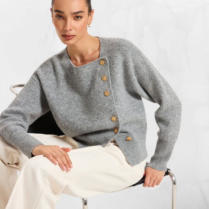 Asymmetric Metal Button Wool-Blend Cardigan