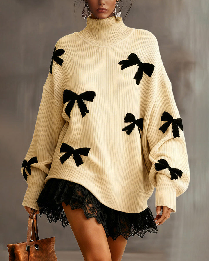 Bow Jacquard Lace Patchwork Turtleneck Knit Dress