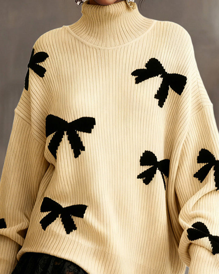 Bow Jacquard Lace Patchwork Turtleneck Knit Dress