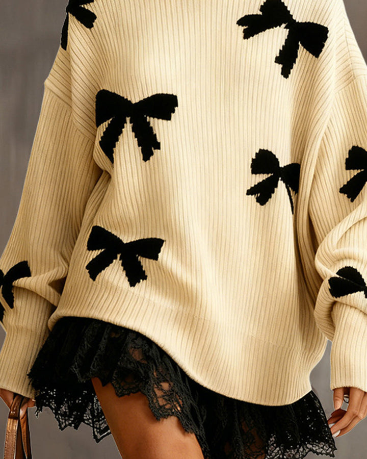 Bow Jacquard Lace Patchwork Turtleneck Knit Dress