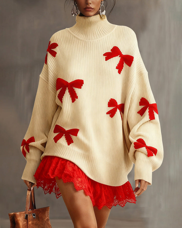 Bow Jacquard Lace Patchwork Turtleneck Knit Dress